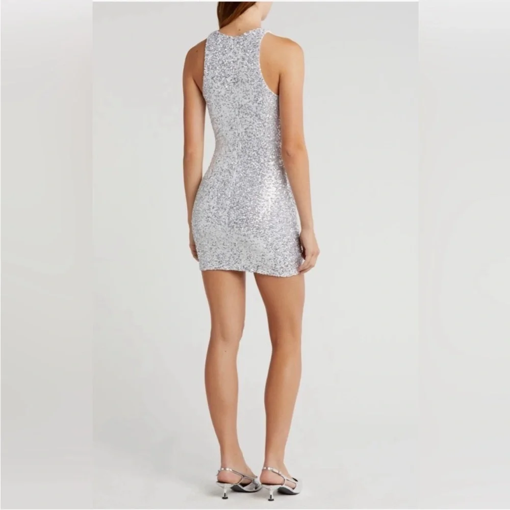 Abound Silver Sequin Stretch Bodycon Dress Sleeveless Sparkle Sz L - Picture 2 of 13